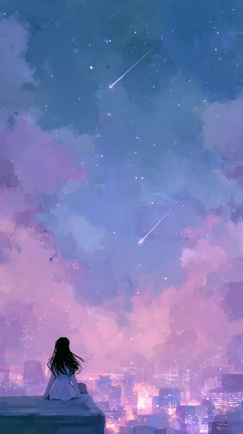 Dreamy digital art of a girl watching shooting stars over a city at twilight