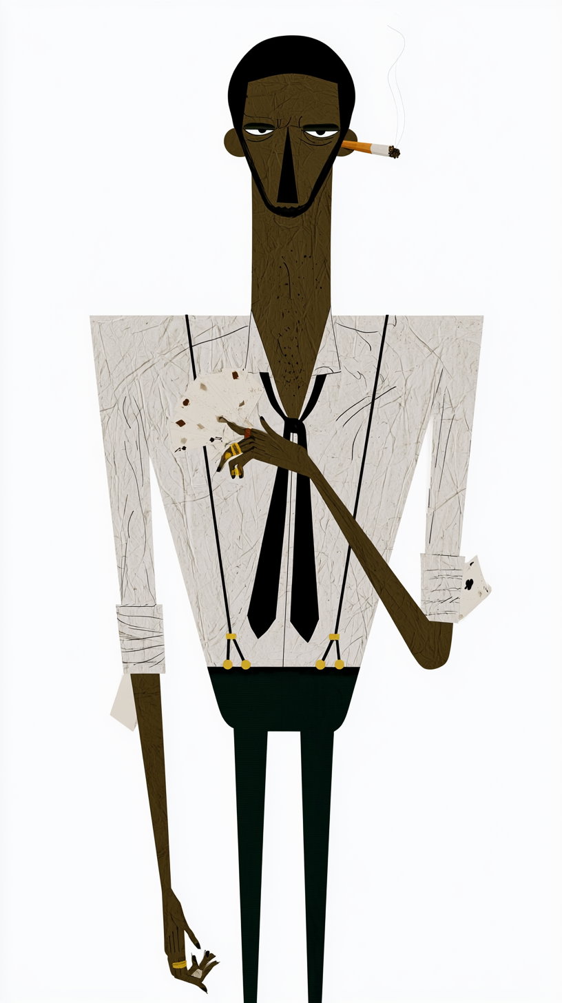 Minimalist modern art of a tall man with dark skin, wearing a white shirt with black suspenders and black tie, holding playing cards and a cigarette in his mouth