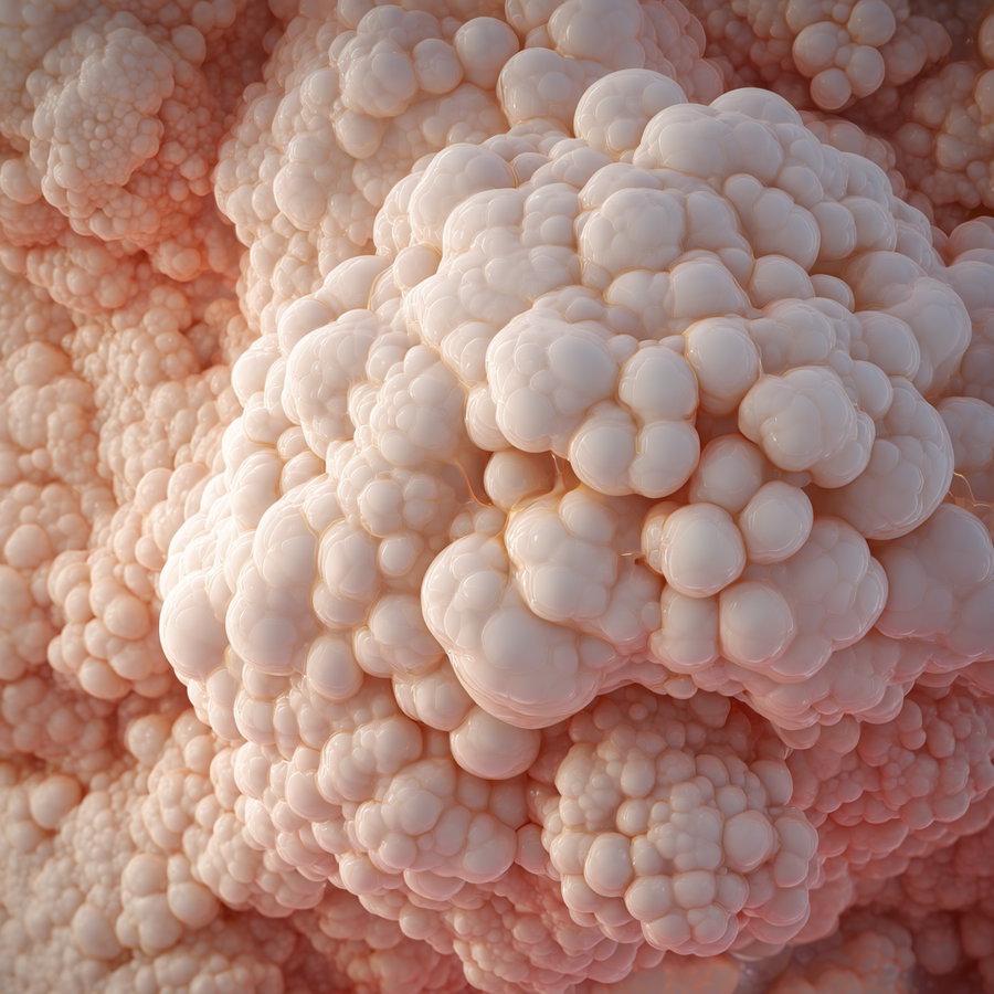Close-up view of clustered, smooth, rounded, bubble-like organic shapes with a glossy surface in off-white and pinkish hues