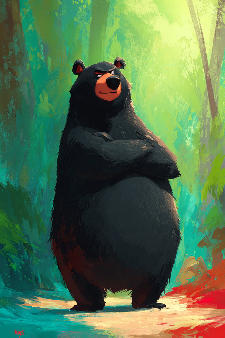Digital painting of a large black bear with orange snout and ears standing upright with arms crossed on a forest path surrounded by green and teal foliage