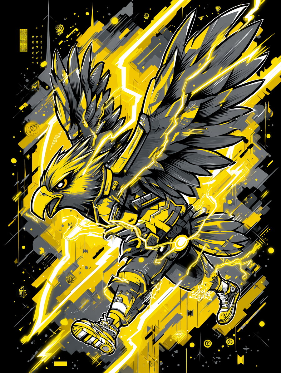 Digital illustration of a fierce anthropomorphic eagle with black and yellow feathers, mechanical armor, glowing lightning effects, and dynamic pose against abstract elements in black, yellow and gray