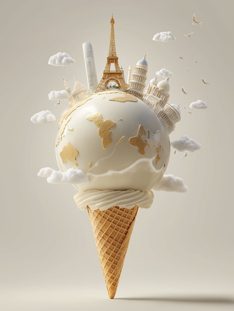 A whimsical 3D illustration of an ice cream cone with a globe scooped on top, featuring golden landmasses and miniature iconic landmarks like the Eiffel Tower, Leaning Tower of Pisa, and others, surrounded by clouds and birds.