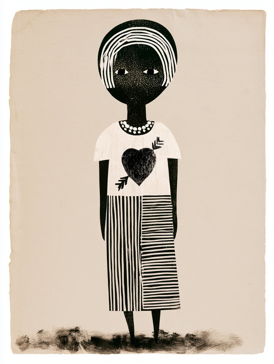 A minimalist black and white illustration of a standing figure with a large black heart on the chest, striped skirt, and white hair, on beige textured paper.
