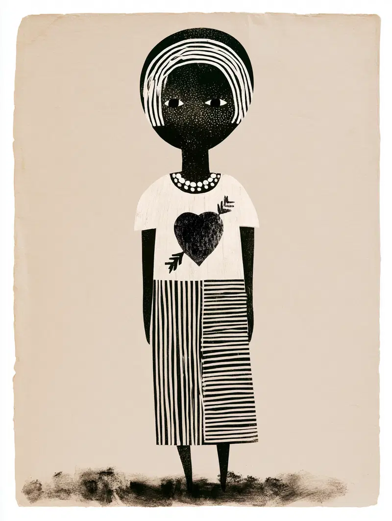 Minimalist black and white illustration of a figure with heart detail