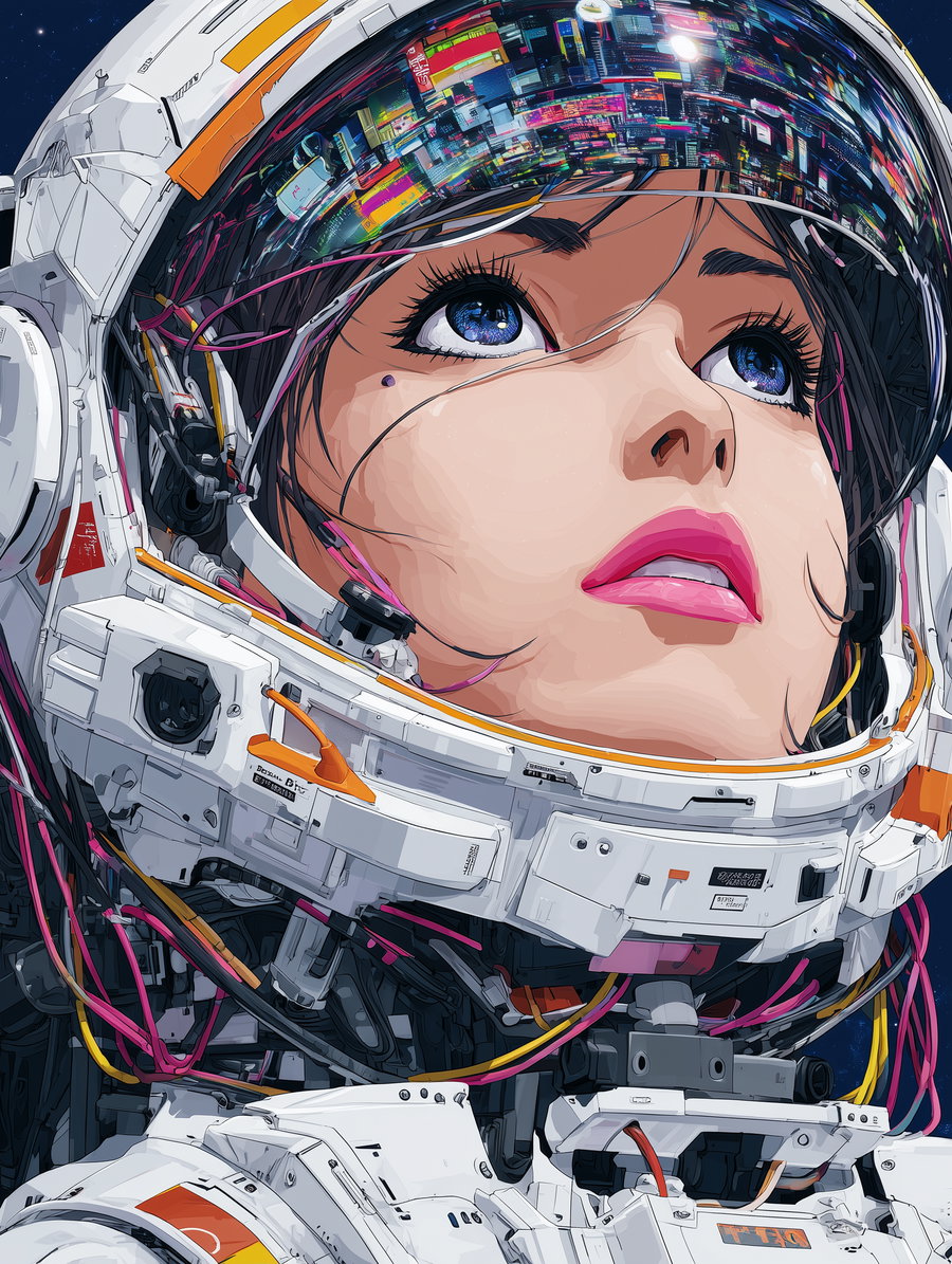 Close-up digital illustration of a female astronaut wearing a white space helmet with colorful reflections and intricate cables