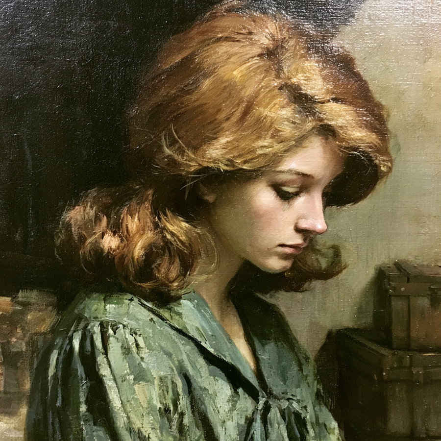 Oil painting of a young woman with red hair looking downward, wearing a green garment with stacked wooden crates in the background
