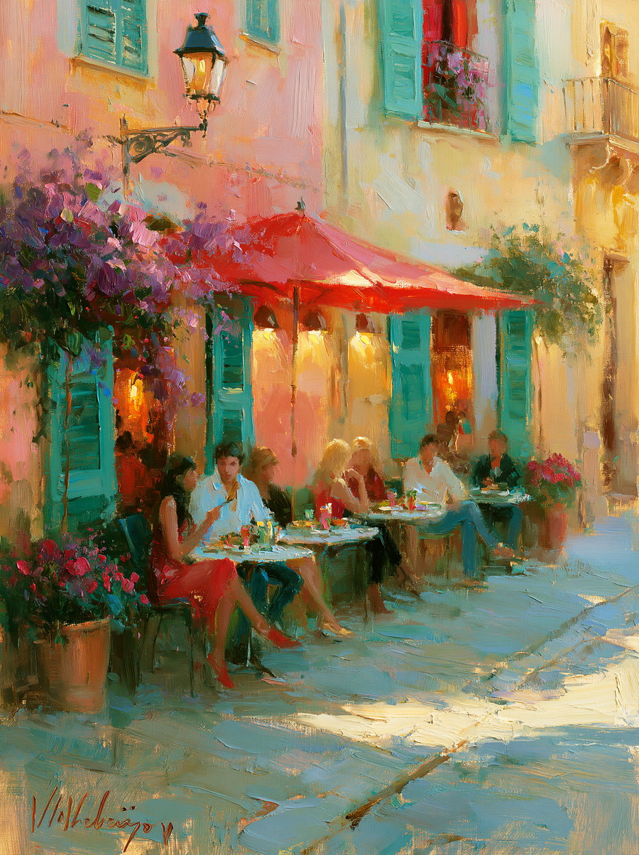 An impressionist painting of a café scene with vibrant colors, featuring people dining outdoors under red awnings, surrounded by blooming flowers and buildings with green shutters.