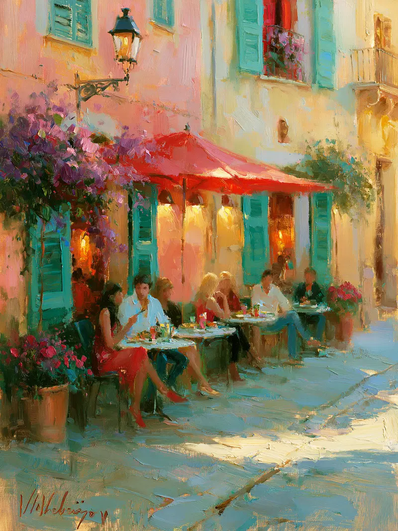Charming Café Scene in Vibrant Impressionist Style