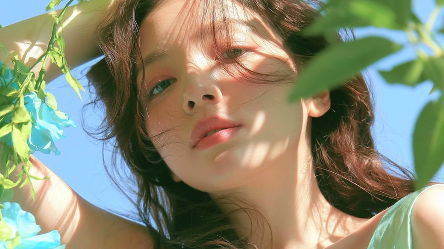 Close-up photo of a woman's face with light shadows from leaves and blue sky background