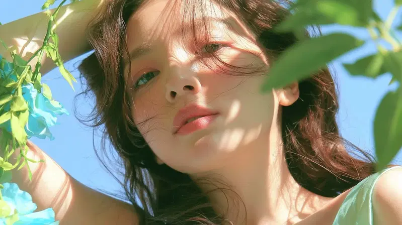 Close up portrait of a woman with soft natural lighting and greenery