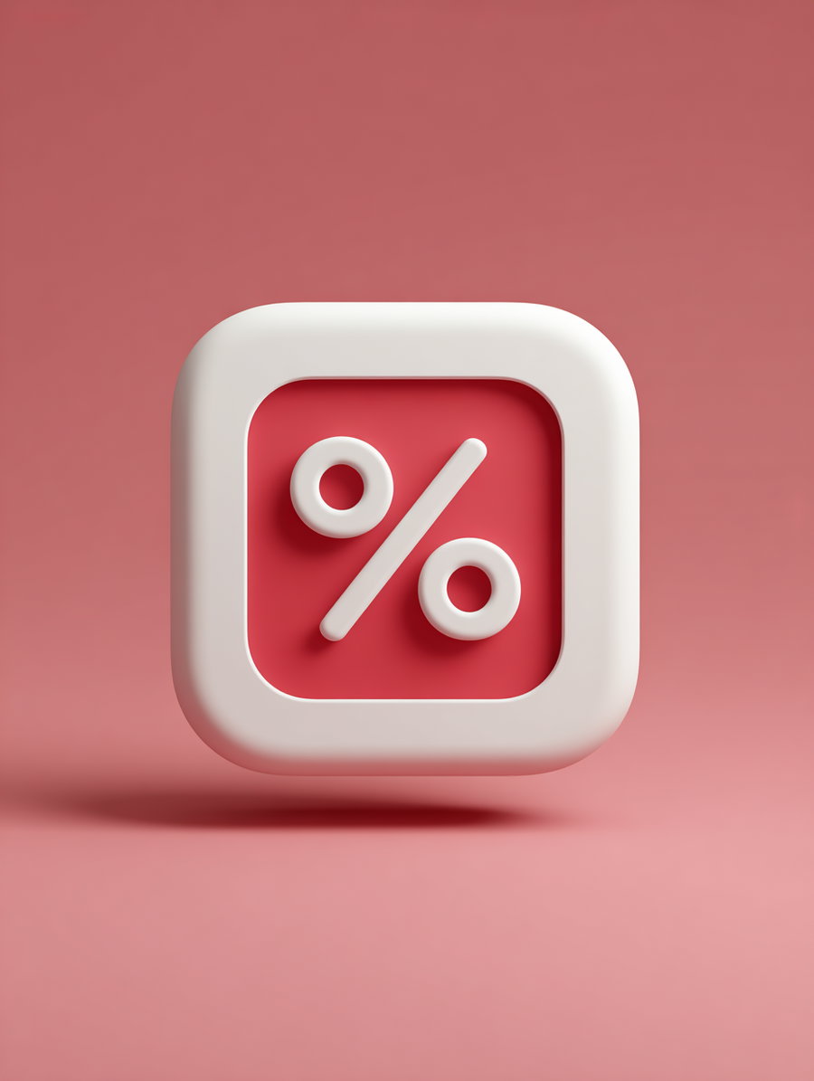 3D rendered white percentage symbol inside a rounded square with red background, floating against a gradient pink backdrop