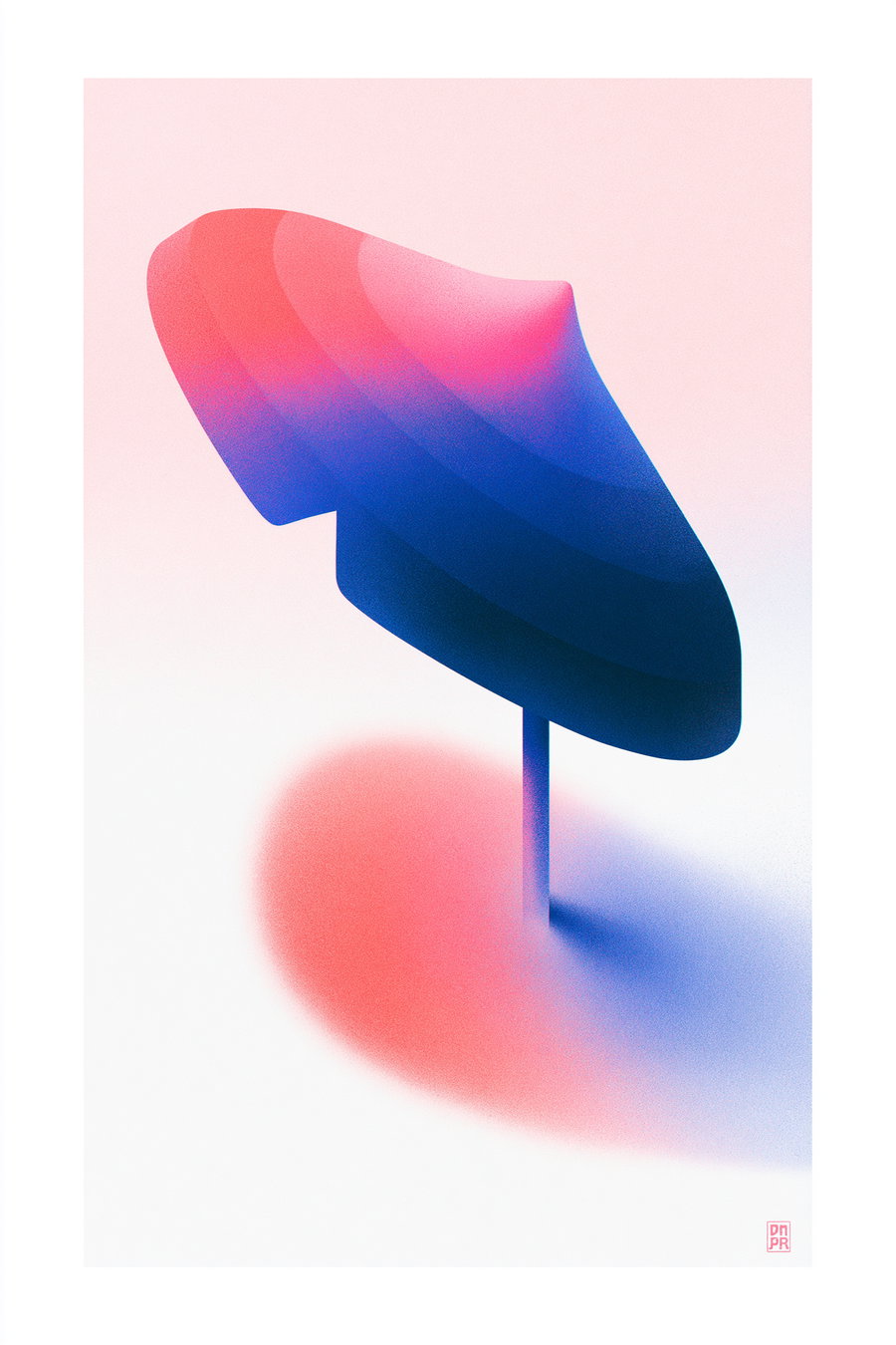 Abstract shape in shades of red and blue with gradient shading, casting a colored shadow on a white background