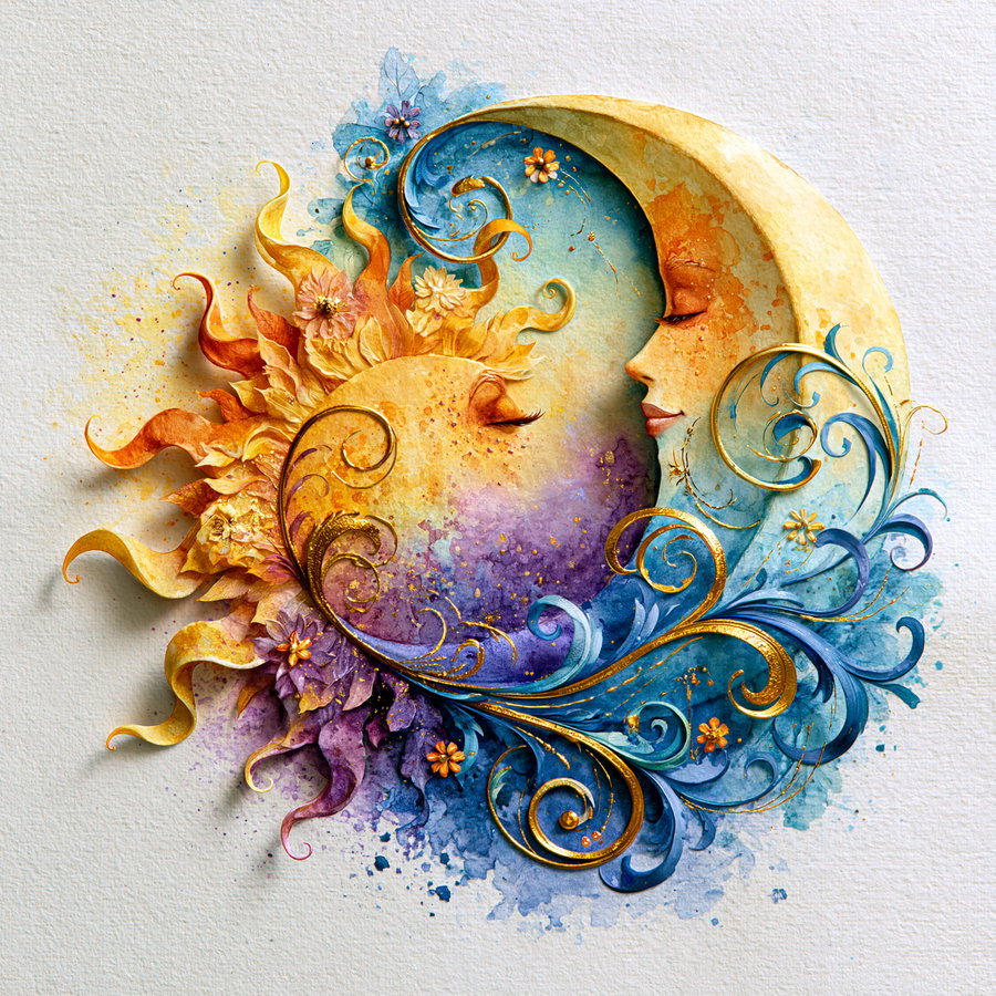 Watercolor painting showing a sun and a crescent moon with eyes closed, surrounded by blue and yellow ornamental swirls and small flowers on a textured paper background