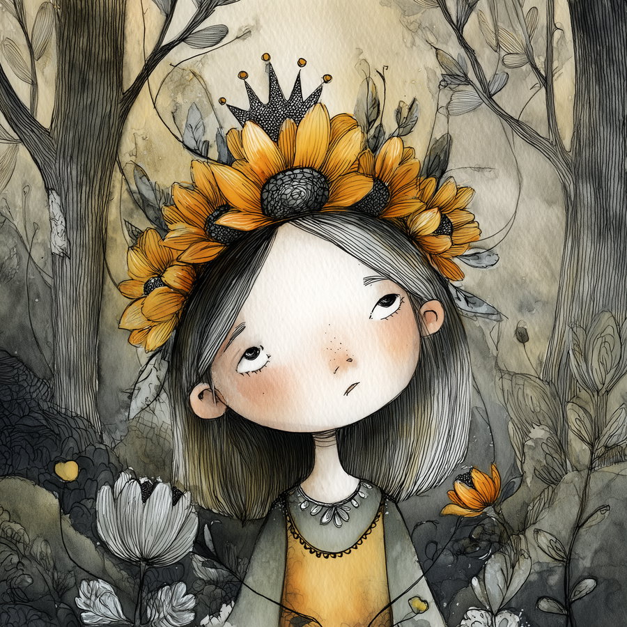 Illustration of a girl with gray hair wearing a crown made of bright sunflowers, standing in a dark, enchanted forest with other flowers and trees in the background