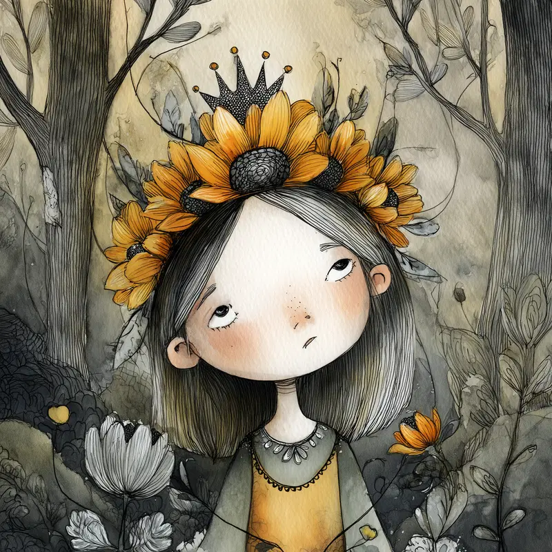 Whimsical illustration of a girl with a sunflower crown in a magical forest