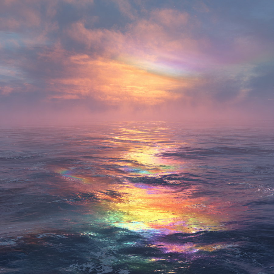 Calm ocean water with colorful sunset reflections and a sky filled with orange and purple clouds