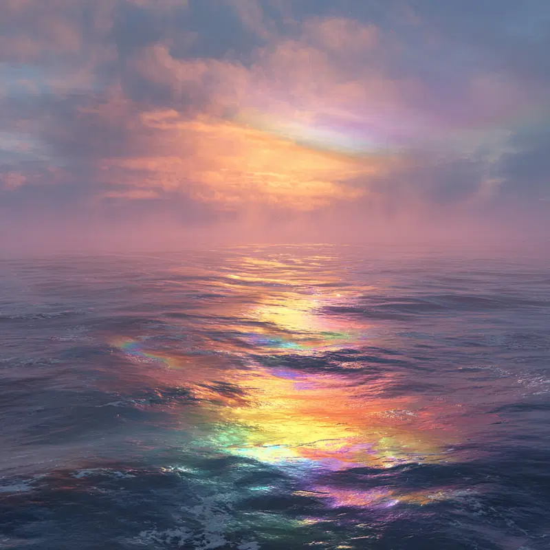 Serene ocean scene with vibrant sunset reflections on water surface