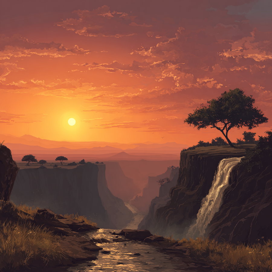 A vibrant digital painting of a sunset over a canyon with a waterfall flowing from a cliff and scattered trees under a partly cloudy sky