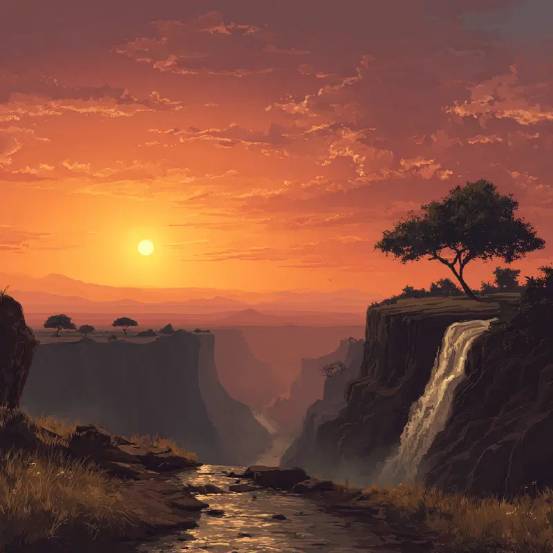 Stunning sunset landscape with waterfall and cliffside trees