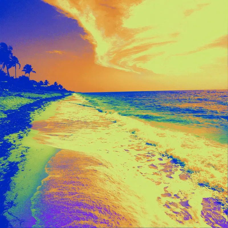Vibrant artistic interpretation of a tropical coastal beach scene at sunset