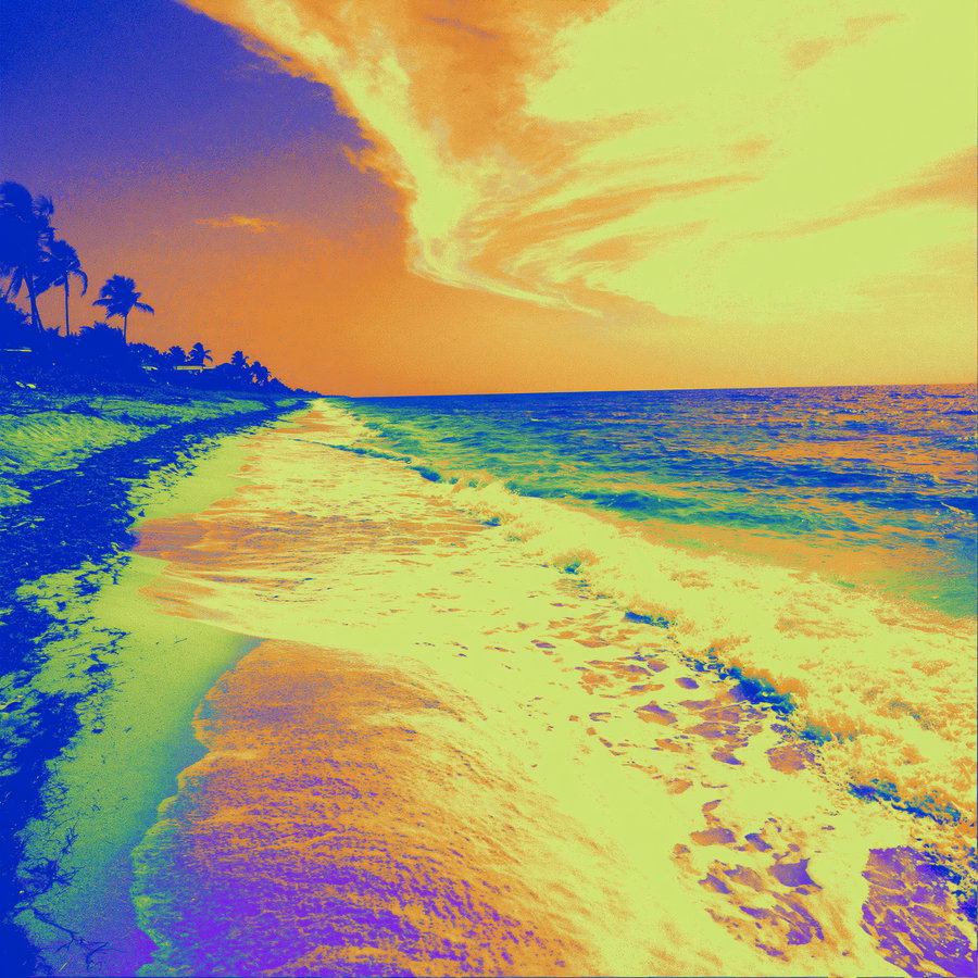 Coloful digitally enhanced photo of waves crashing on a sandy beach with palm trees and a dramatic sky in the background