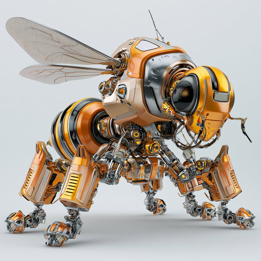 Highly detailed mechanical bee with metallic gold and silver parts, transparent wings, and intricate robotic legs against a plain background