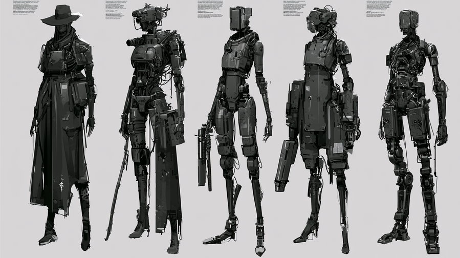 Five humanoid robots in dark grayscale tones with mechanical and robotic design details, each with unique features and some holding weapons, standing against a plain light background.