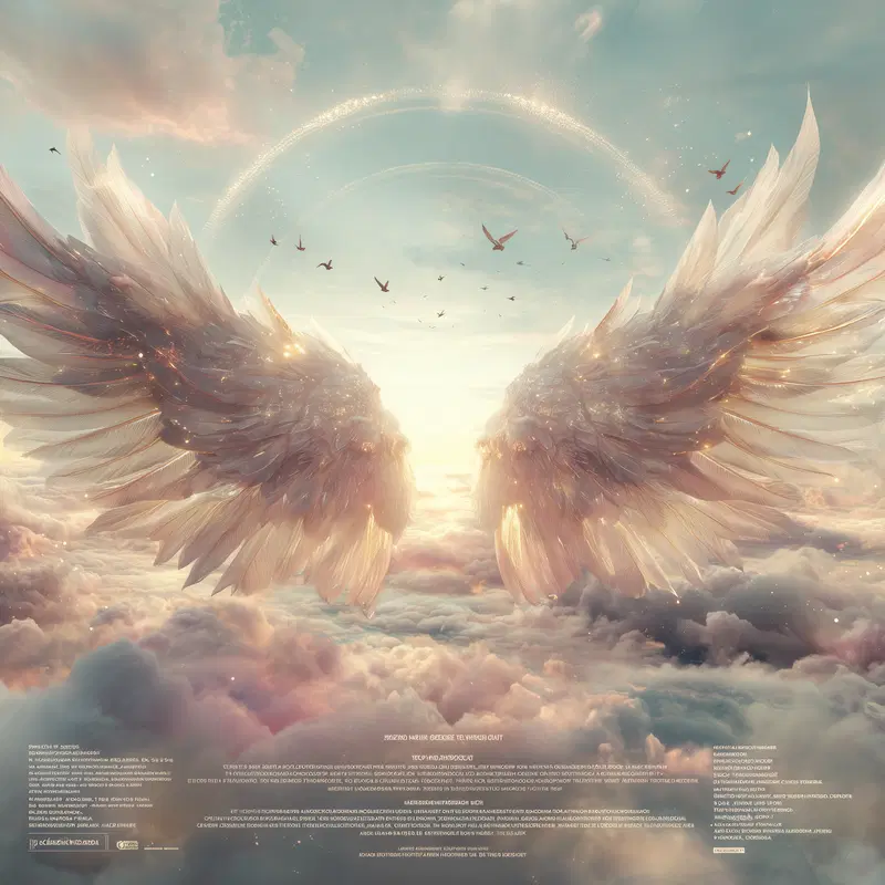 Ethereal angel wings floating above clouds with glowing light effects