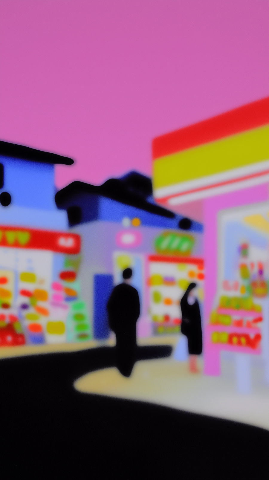 Stylized artwork showing a street with colorful stores and two black silhouette figures under a vibrant pink sky