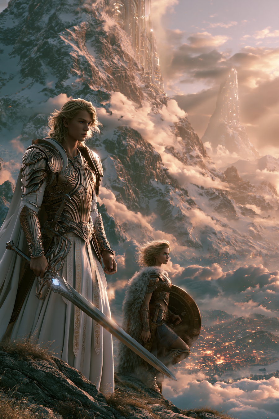 Two fantasy warriors in ornate armor standing on a rocky cliff with snowy mountains and glowing distant city below under a cloudy sky at sunset