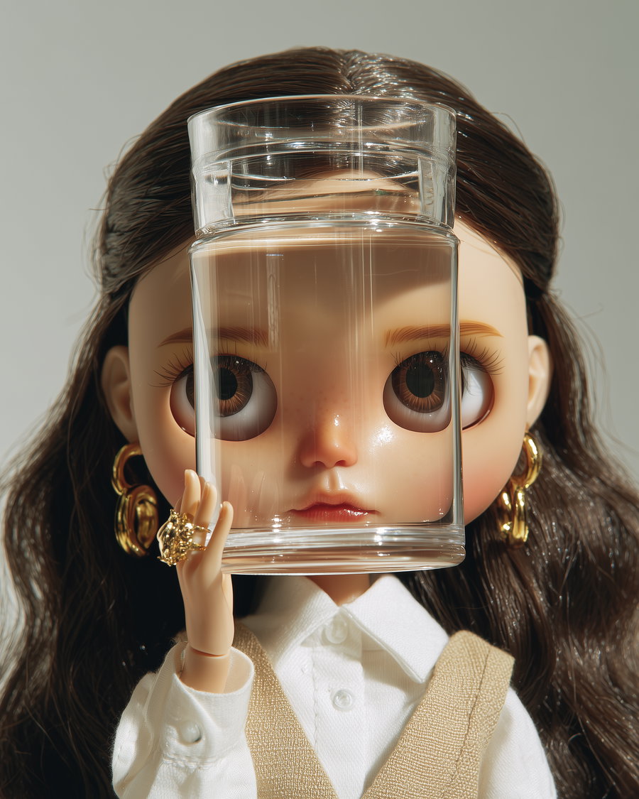 A doll with large brown eyes and brown hair holds a glass of water in front of her face, distorting the appearance of her face through the glass.