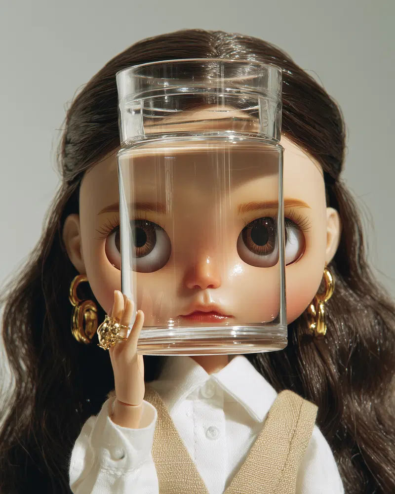 Surreal modern art image of doll face distorted through glass of water