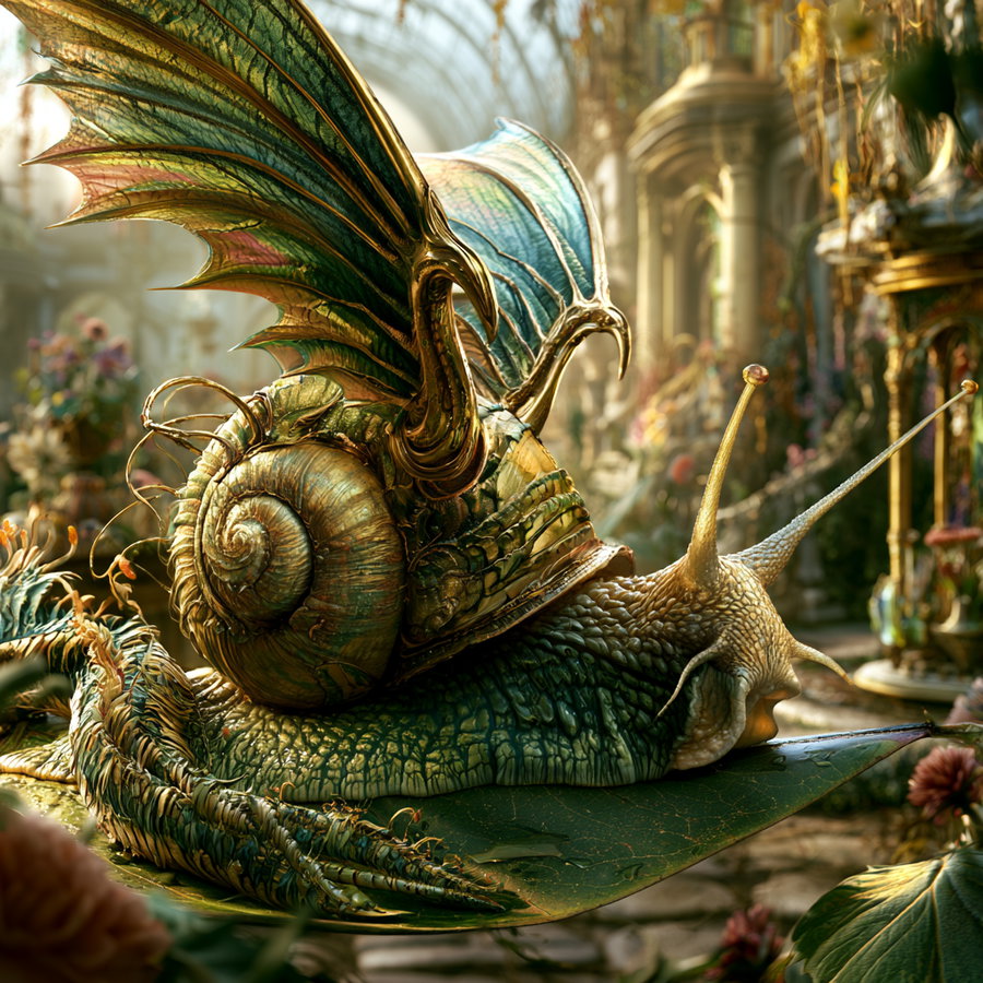 close-up of a large snail with a spiral shell and ornate golden wings, set in a richly decorated garden with flowers and classical architectural elements
