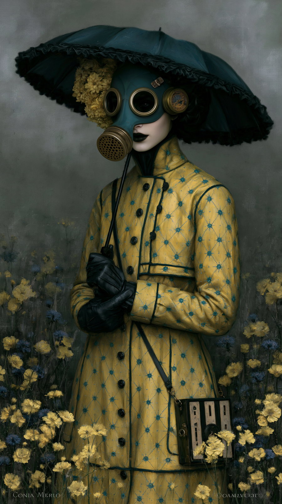 Portrait of a person wearing a teal gas mask and a vintage yellow patterned coat, holding a black umbrella, surrounded by yellow and blue flowers on a gray background