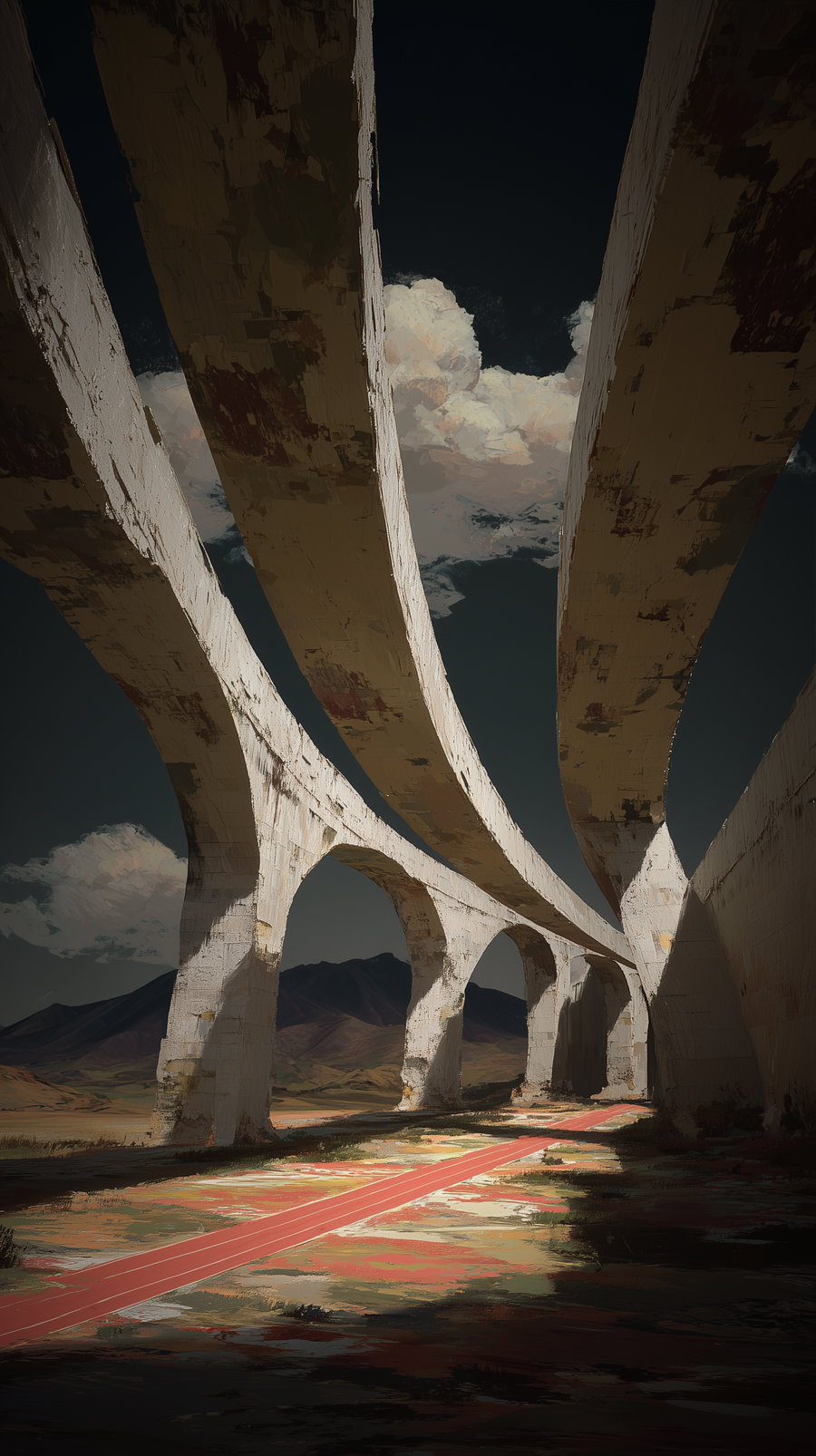 Large curved concrete arches with weathered surfaces spanning over a red pathway, set against a dark sky with soft clouds and distant mountains