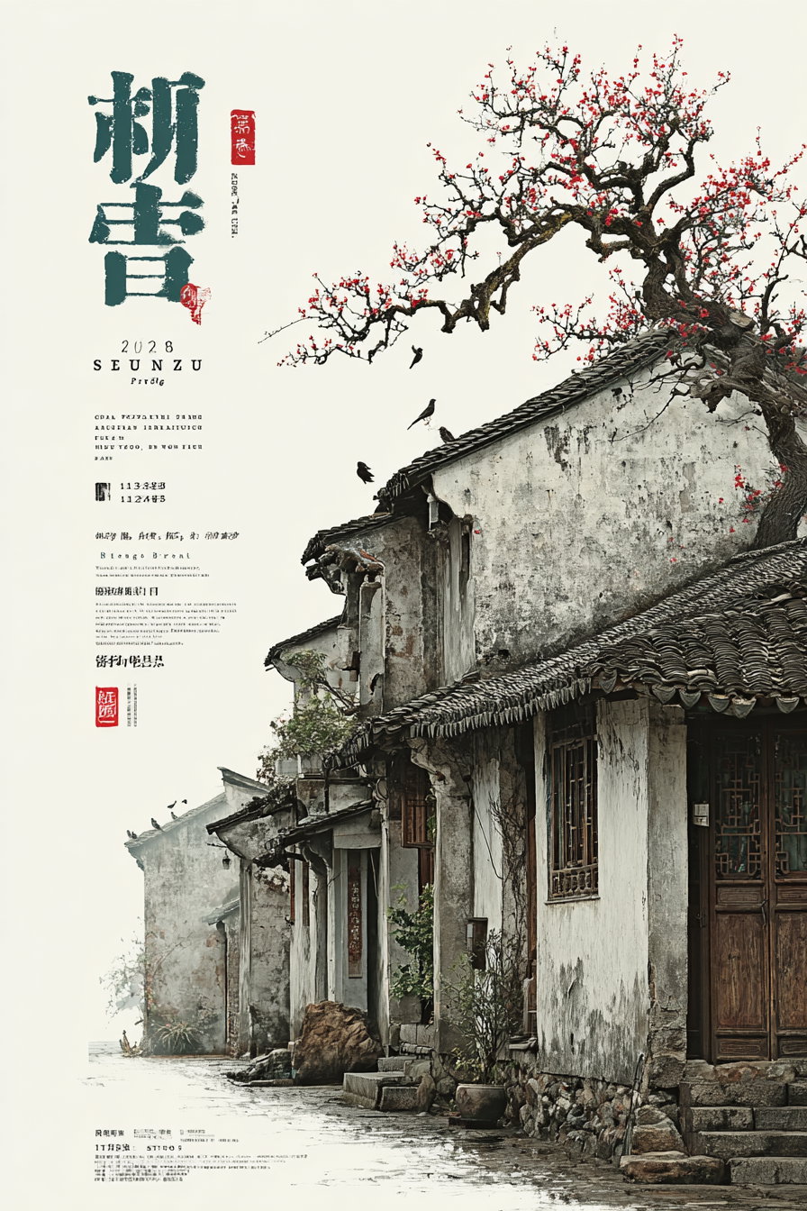 Old rustic houses on a street with weathered walls and tiled roofs, a tree with red cherry blossoms extending over the buildings, several birds perched or flying near the roof.