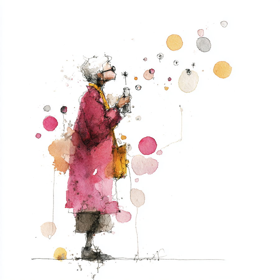 Watercolor and ink illustration of an elderly woman in a pink coat blowing bubbles, with colorful paint splashes around her