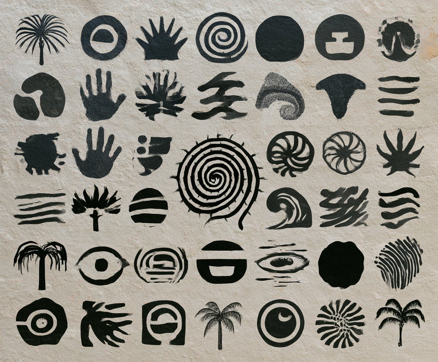 A collection of various black abstract shapes and symbols painted on a light textured wall in a vintage style