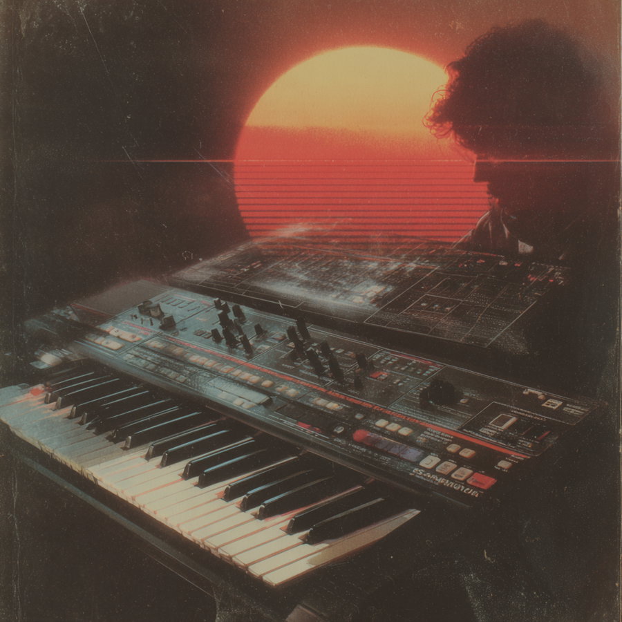 A retro analog synthesizer keyboard with various knobs and buttons in front of a large glowing orange sun, showing a silhouette of a curly-haired person in the background