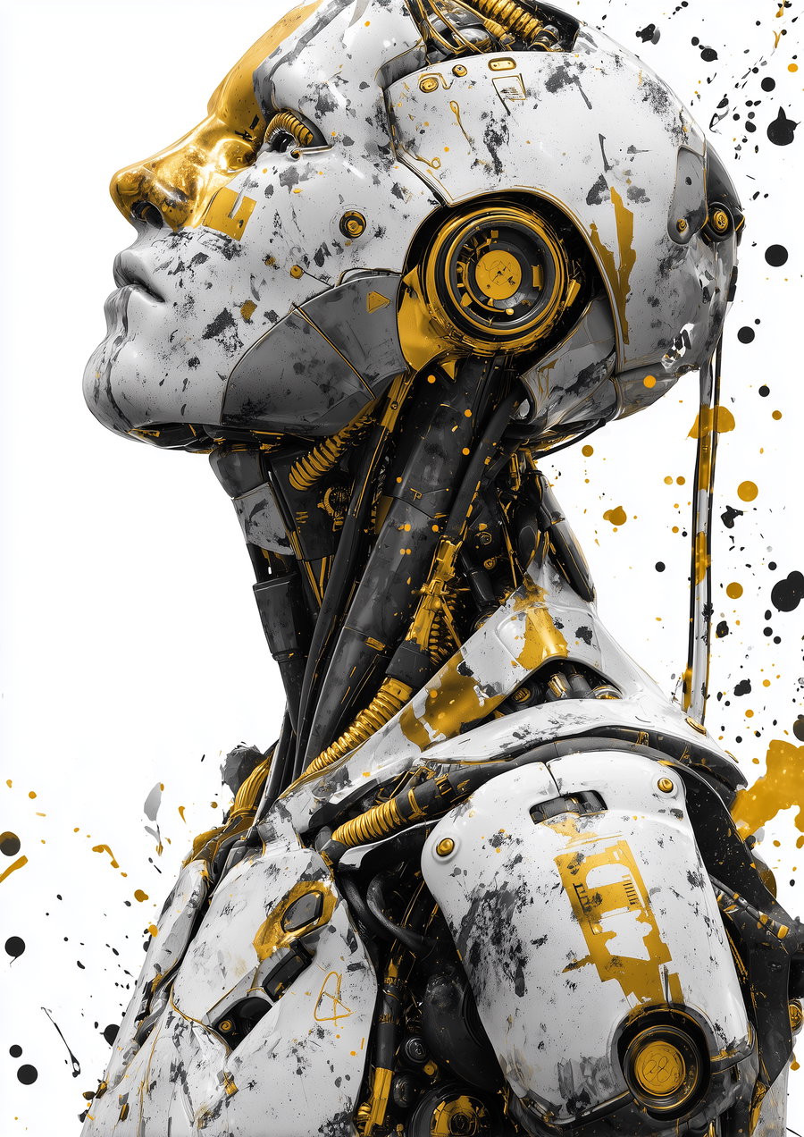 Side view of a robotic humanoid figure with white and gold metallic parts, detailed mechanical components, and black and yellow paint splatters on a white background