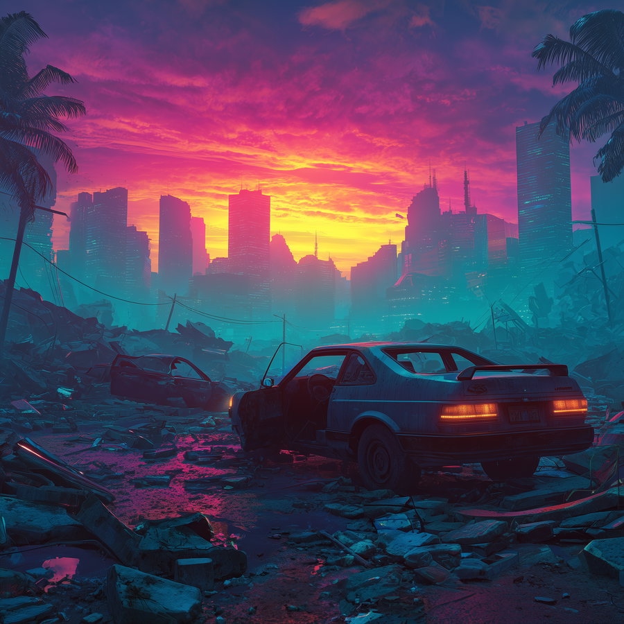 A dark, moody scene showing a ruined city street with debris and abandoned cars under a vibrant pink, purple, and yellow sunset sky, tall buildings silhouetted in the background.