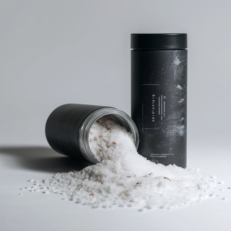 Two black cylindrical containers, one upright and one on its side spilling white salt grains on a gray surface
