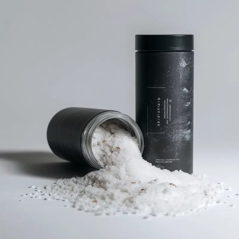 Minimalist photography of black containers with spilled white salt on gray background