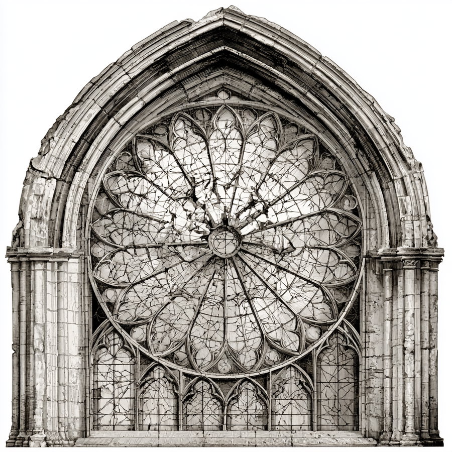 Black and white image of a Gothic architectural rose window with intricate tracery and stone arch frame