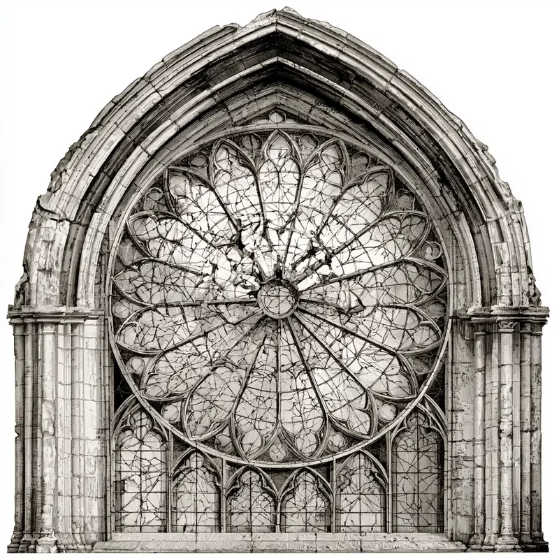 Intricate black and white print of a Gothic rose window with detailed stonework