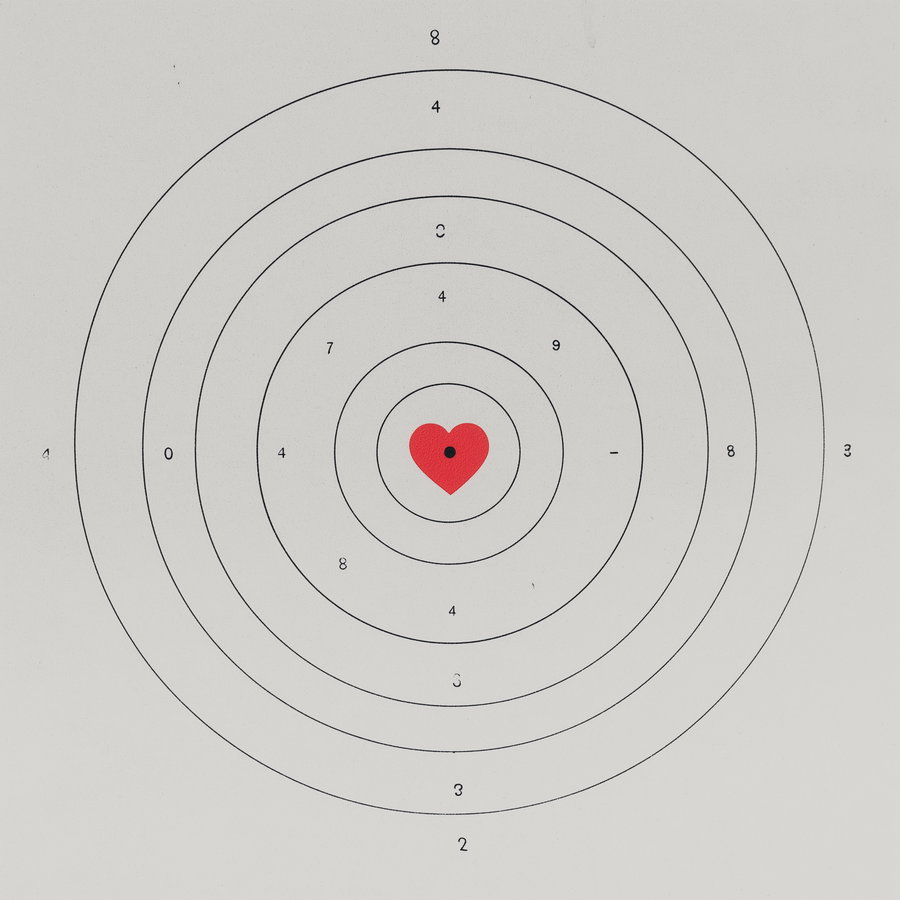 A circular bullseye target with concentric black rings and numbers, featuring a red heart shape at the center with a black dot in the middle on a plain white background