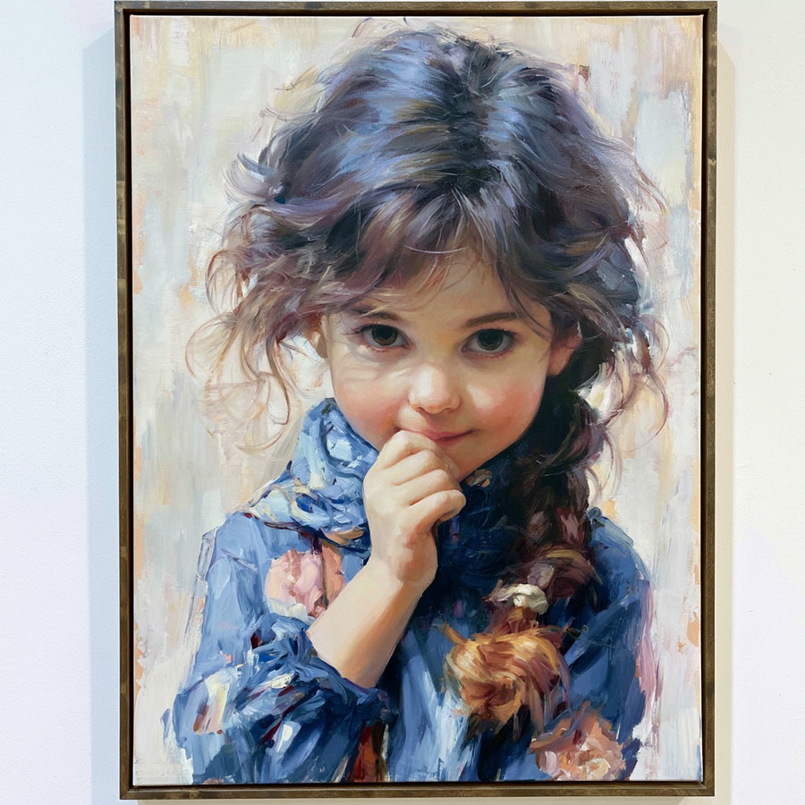 Painting of a young girl with large eyes, brown hair in a braid, wearing a blue floral dress, holding her hand near her mouth