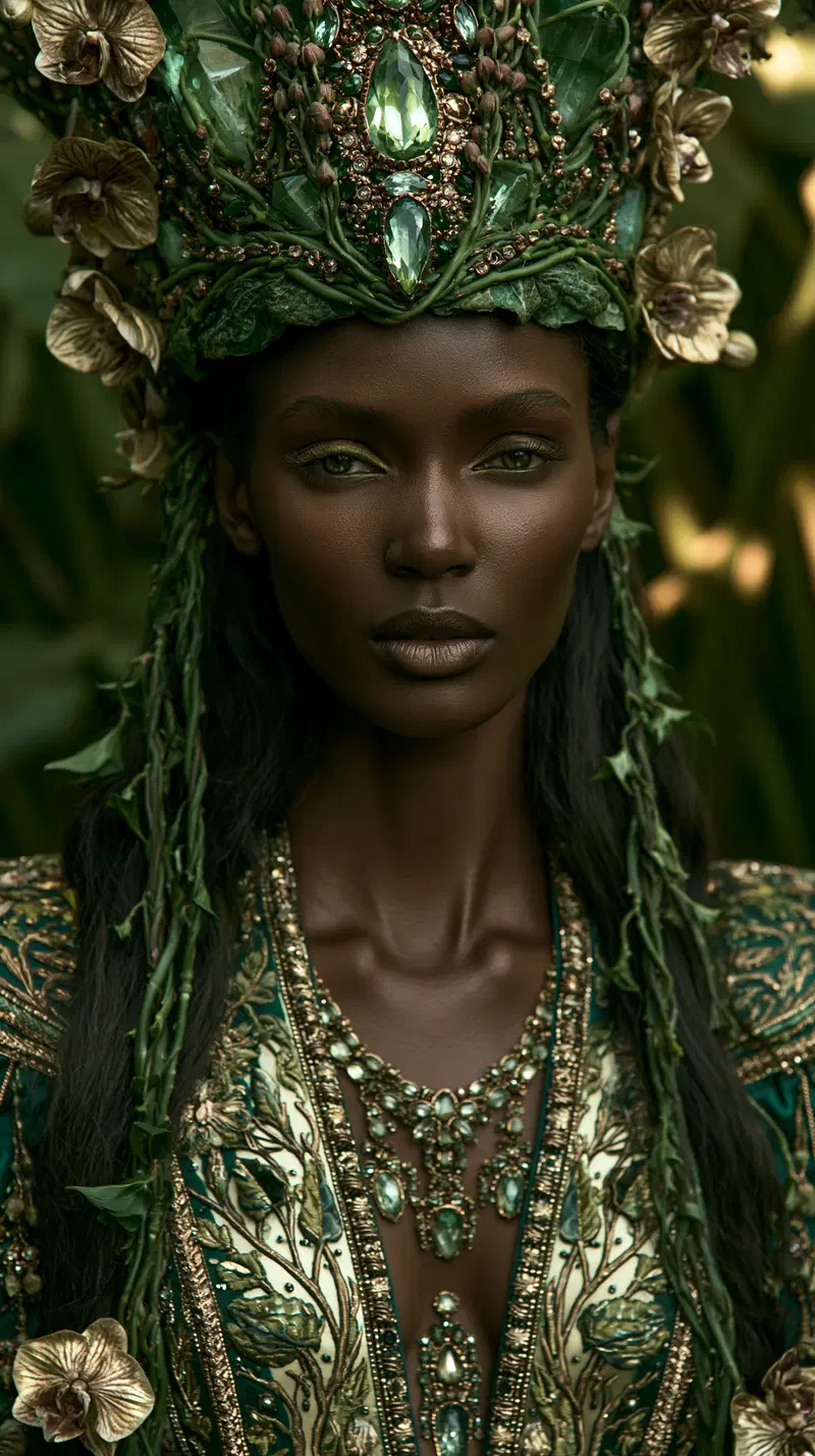 Portrait of a woman wearing an elaborate green jeweled crown and ornate attire