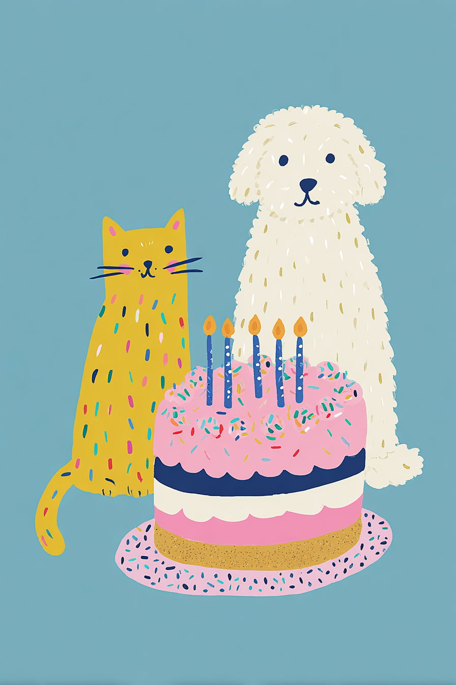 Digital artwork showing a yellow cat with colorful spots and a white fluffy dog sitting behind a layered pink birthday cake with blue candles on a blue background