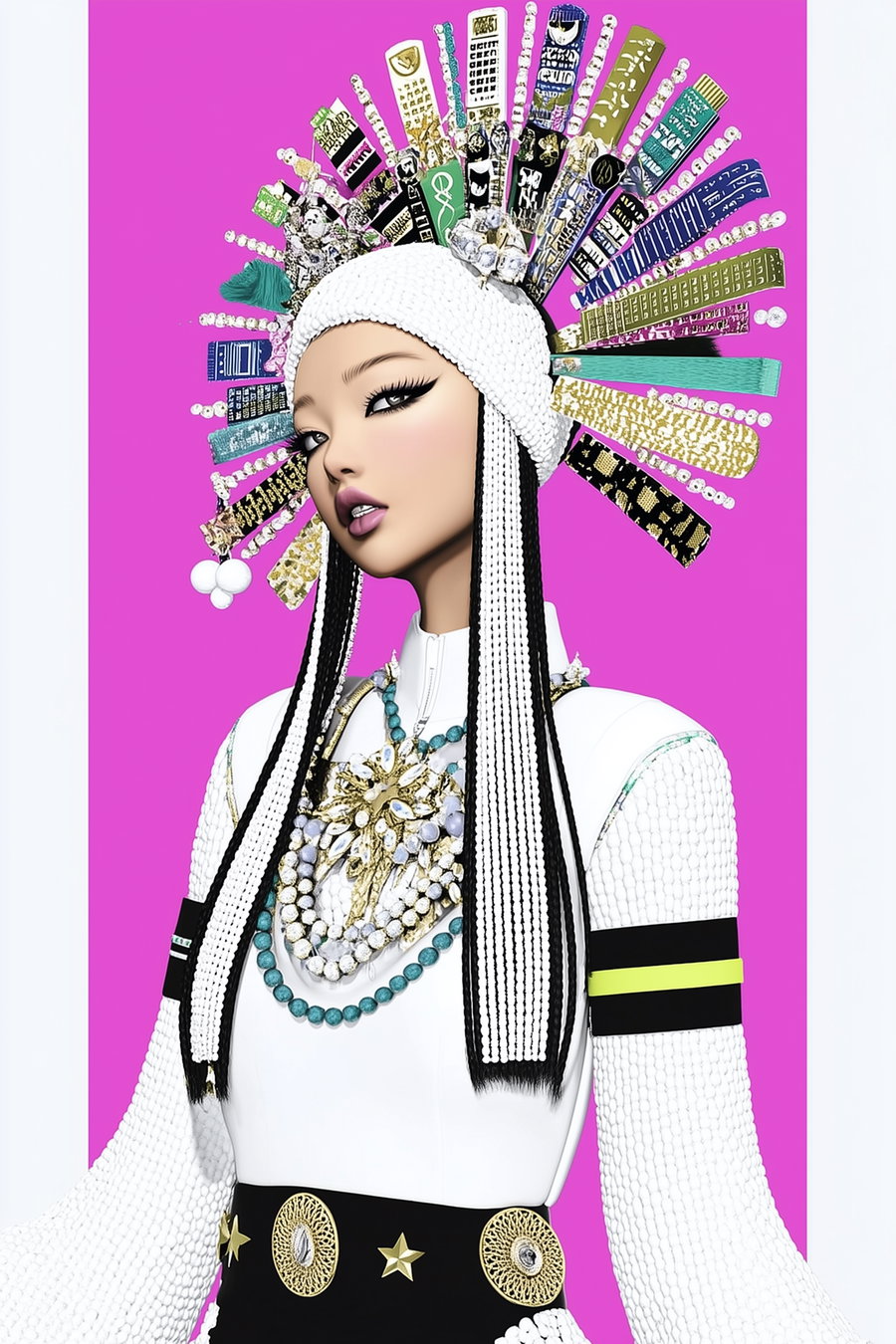 Digital art portrait of a woman wearing a white textured headpiece with colorful vertical decorative elements and layered necklaces against a bright purple background